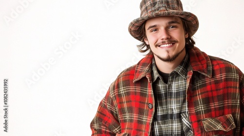 Charming Young Hipster Man with Beard Smiling in Casual Flannel and Hat Against a Light Background Ideal for Lifestyle, Fashion, or Portrait Photography Needs