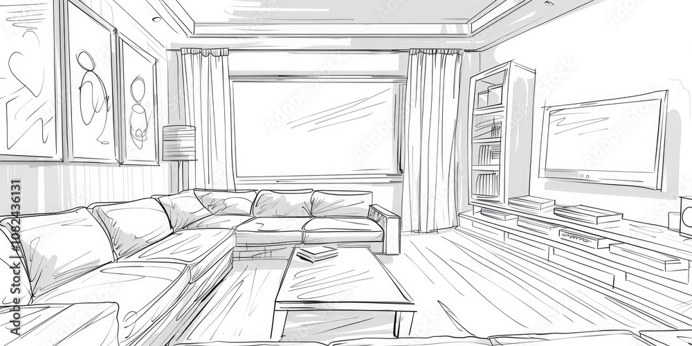 Fototapeta premium An interior design sketch with artistic lines of a bohemian living space
