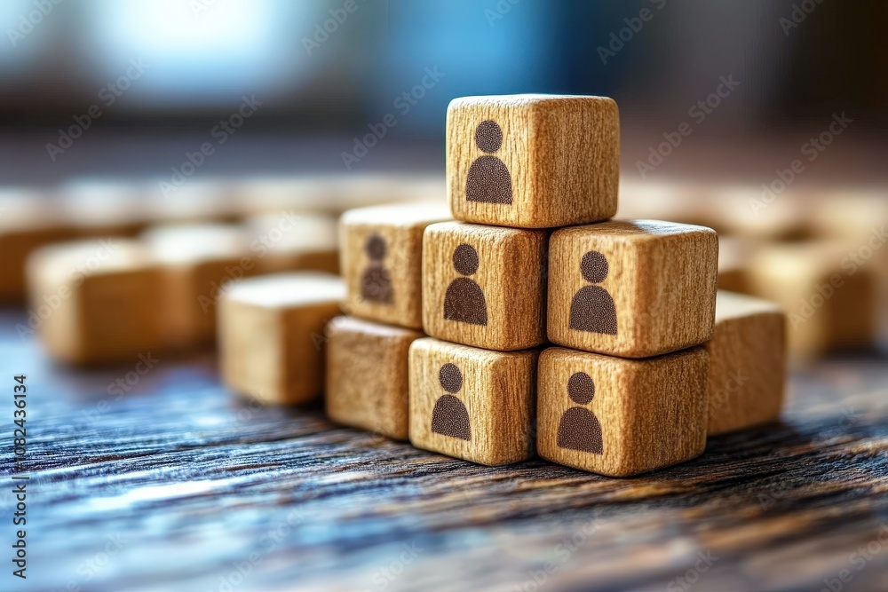 Wooden Blocks with Person Icons Stacked on a Table in a Bright Room, Symbolizing Community, Teamwork, Collaboration, and Social Connections in a Business Environment Wooden Blocks with Person Icons Stacked on a Table in a Bright Room, Symbolizing Community, Teamwork, Collaboration, and Social Connections in a Business Environment