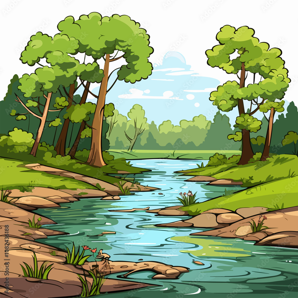 Naklejka premium Serene Landscape with River in Lush Forest Illustration