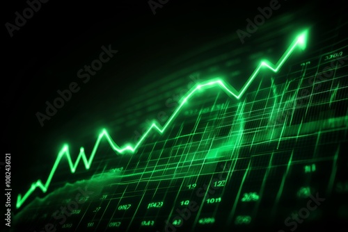 A digital stock market chart displaying upward trends and growth in green hues.