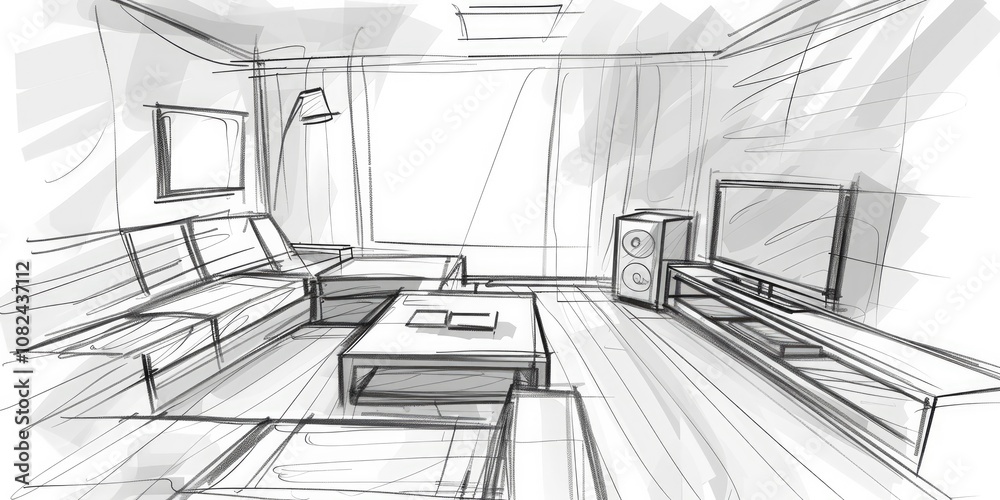 An interior design sketch with artistic lines of a bohemian living space