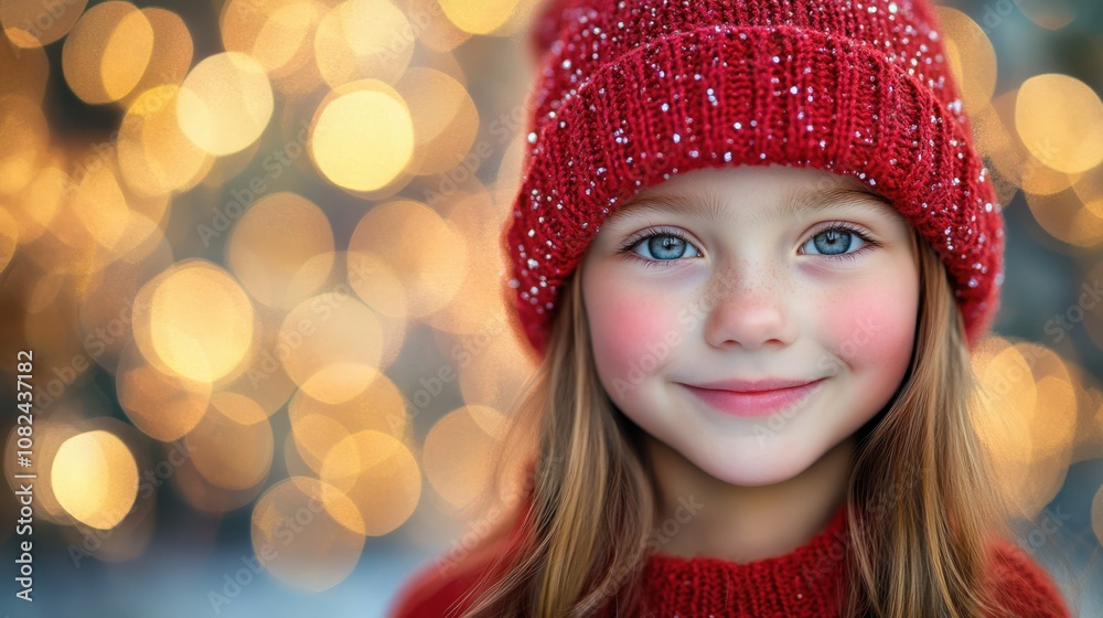 Joyful Little Girl in Red Knit Hat Surrounded by Warm Holiday Lights Joyful Little Girl in Red Knit Hat Surrounded by Warm Holiday Lights
