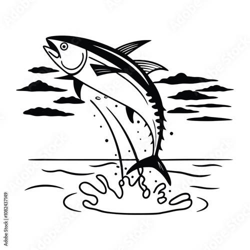 tuna fish vector design, labeled line and fill art silhouette illustration.