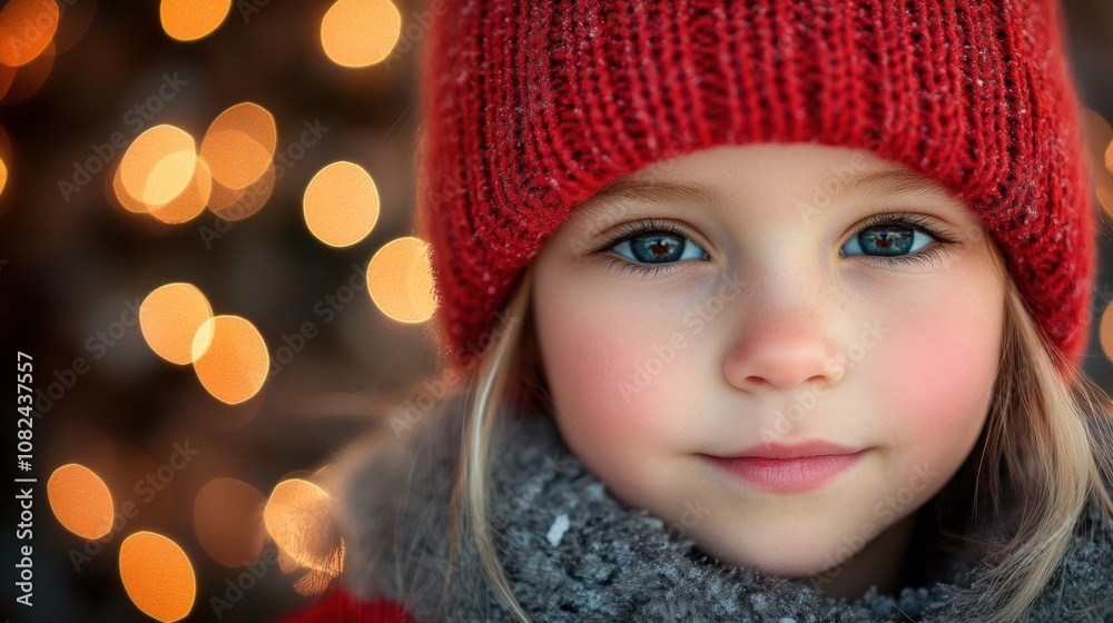 Charming Young Girl in Winter Hat Against Warm Holiday Lights Charming Young Girl in Winter Hat Against Warm Holiday Lights