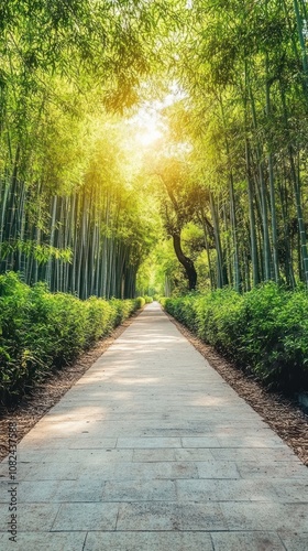 A serene pathway through a lush bamboo forest, illuminated by soft sunlight.