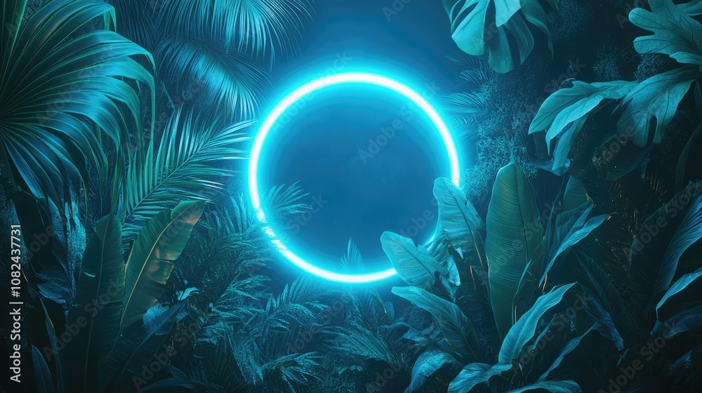 A Vibrant Blue Neon Circle Surrounded by Lush Green Tropical Leaves on a Dark Background. Perfect for Futuristic and Nature-Themed Designs, Event Promotions, and Creative Digital Projects A Vibrant Blue Neon Circle Surrounded by Lush Green Tropical Leaves on a Dark Background. Perfect for Futuristic and Nature-Themed Designs, Event Promotions, and Creative Digital Projects