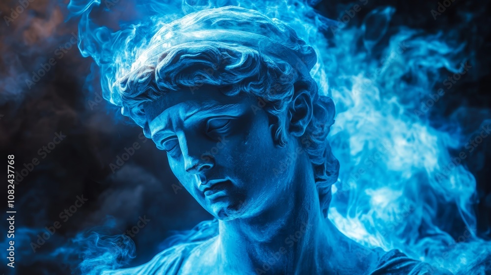 Blue flames engulf a classical marble bust sculpture, creating a dramatic and surreal atmosphere with a vibrant contrast between cool marble and hot fire Blue flames engulf a classical marble bust sculpture, creating a dramatic and surreal atmosphere with a vibrant contrast between cool marble and hot fire