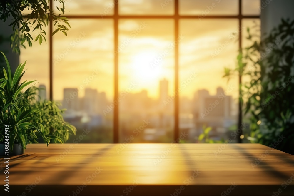 Warm and inviting ambiance created by wooden table and plants in front of large window with blurred cityscape at sunset Warm and inviting ambiance created by wooden table and plants in front of large window with blurred cityscape at sunset