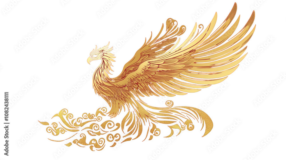 Obraz premium Golden Phoenix in Red and Gold Theme for Chinese New Year Festival, Isolated on White, PNG File, Transparent Background