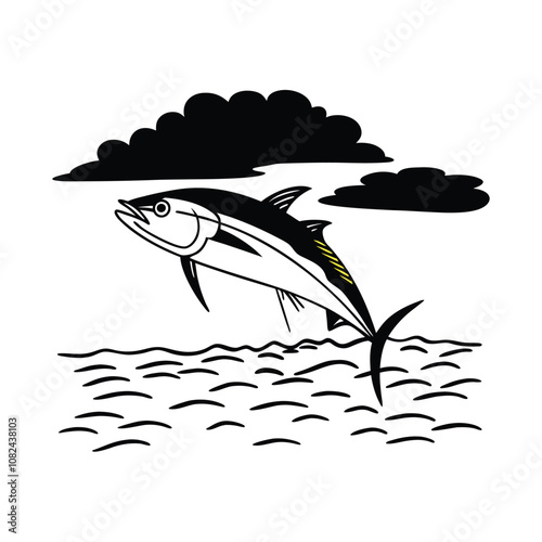 tuna fish vector design, labeled line and fill art silhouette illustration.