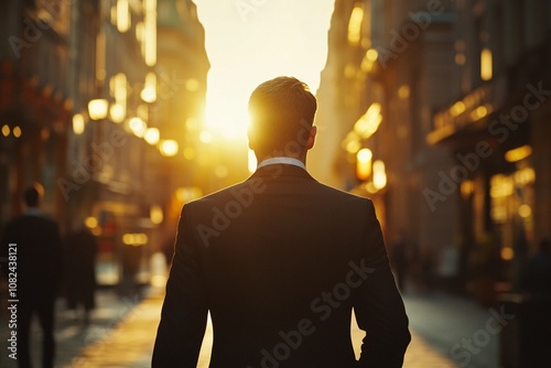 Rear view of young businessman in dark suit, strolling on a bustling street, sunset glow, casual stroll, medium close-up 4