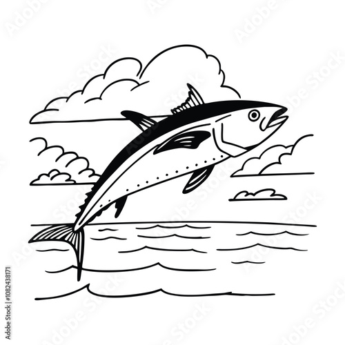 tuna fish vector design, labeled line and fill art silhouette illustration.