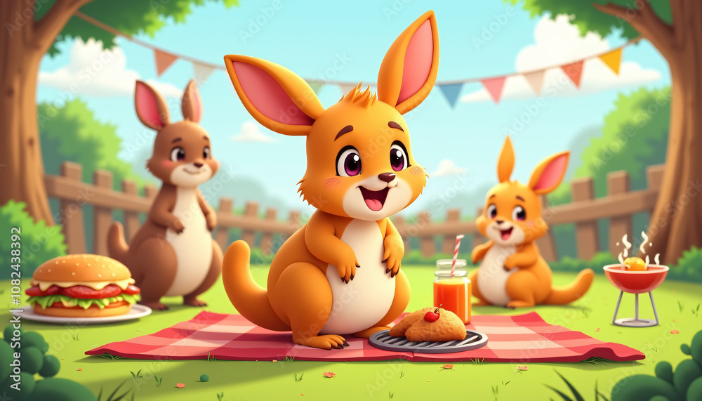 Cartoon kangaroo family enjoying picnic with snacks in sunny garden