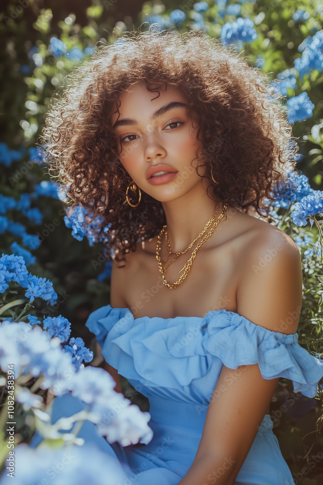 extremely beautiful mixed race female model wearing a blue linen dress. She has curly hair and is posing with flowers in front of her. She is sitting on the ground, wearing gold necklaces extremely beautiful mixed race female model wearing a blue linen dress. She has curly hair and is posing with flowers in front of her. She is sitting on the ground, wearing gold necklaces