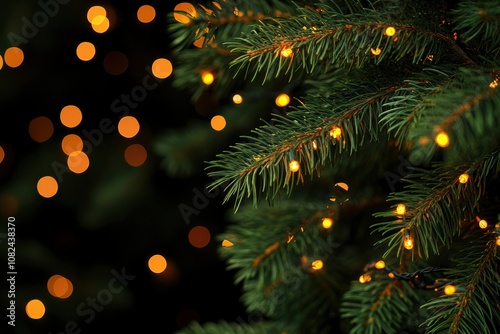 Christmas tree on a black background with orange bokeh lights. Photo for Christmas banner on website with space for an inscription - generative ai