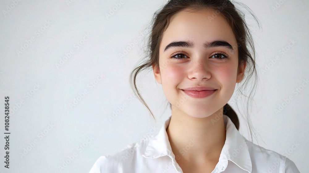 Young Happy Woman Posing for Portrait with a Bright Smile and Casual Style Against a Light Background, Capturing Joy and Positivity in Everyday Life Young Happy Woman Posing for Portrait with a Bright Smile and Casual Style Against a Light Background, Capturing Joy and Positivity in Everyday Life