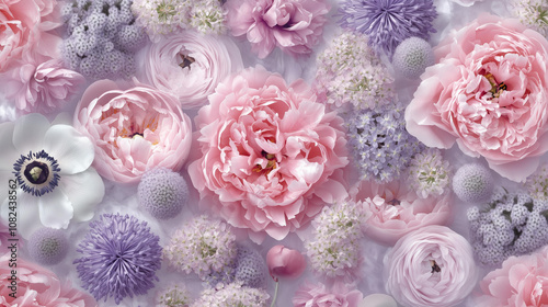 wallpaper pattern of pink and lavender peonies, with some alliums in the background