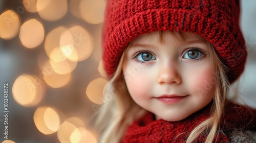 Charming Little Girl in Cozy Red Hat with Blurred Holiday Lights