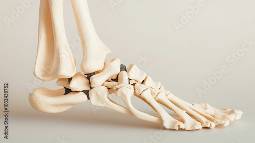 anatomy skeletal concept, A detailed view of a human foot skeleton, highlighting the bones of the foot, including the tarsals, metatarsals, and phalanges. photo