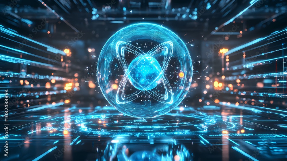 Glowing atomic orb displays in futuristic setting with neon lights. Futurity. Illustration Glowing atomic orb displays in futuristic setting with neon lights. Futurity. Illustration