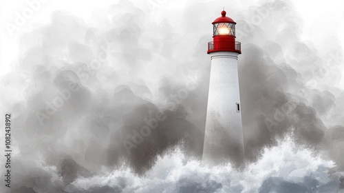 A lighthouse stands tall amidst crashing waves and stormy clouds, guiding ships safely.