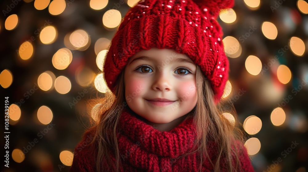 Charming Girl in Festive Red Sweater with Bokeh Background