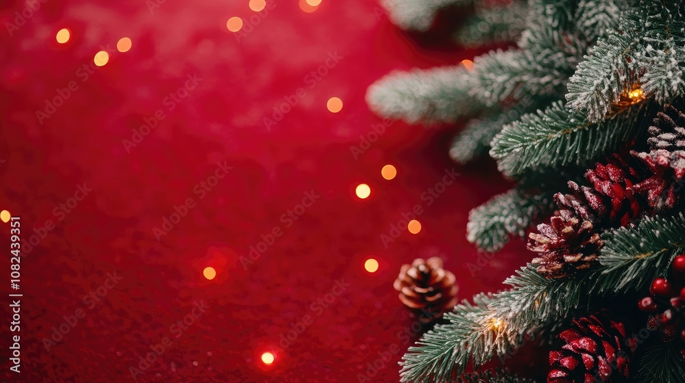A Christmas tree with lights and pine cones positioned on the right side of a red background, perfect for holiday card designs, festive banners, seasonal promotions, and digital or print ads A Christmas tree with lights and pine cones positioned on the right side of a red background, perfect for holiday card designs, festive banners, seasonal promotions, and digital or print ads