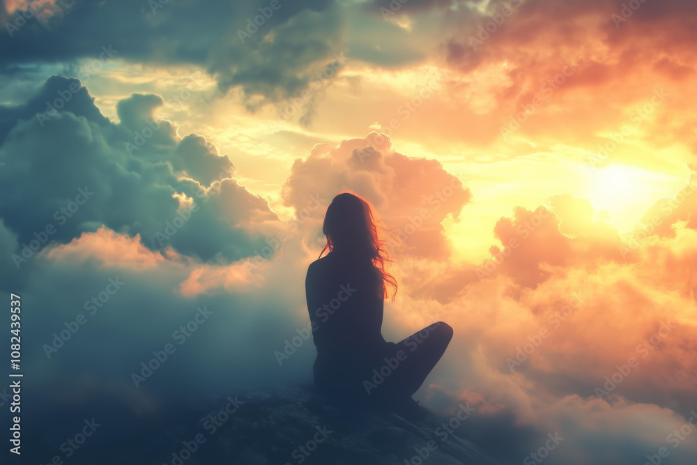 Silhouette of a woman sitting on the edge, with clouds and a sunset in the background. This image conveys a concept of self-discovery or spiritual growth, with a peaceful atmosphere and dreamy colors Silhouette of a woman sitting on the edge, with clouds and a sunset in the background. This image conveys a concept of self-discovery or spiritual growth, with a peaceful atmosphere and dreamy colors