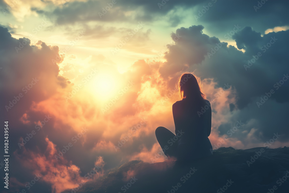 Silhouette of a woman sitting on the edge, with clouds and a sunset in the background. This image conveys a concept of self-discovery or spiritual growth, with a peaceful atmosphere and dreamy colors Silhouette of a woman sitting on the edge, with clouds and a sunset in the background. This image conveys a concept of self-discovery or spiritual growth, with a peaceful atmosphere and dreamy colors