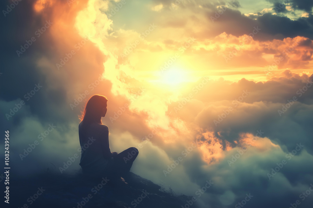 Silhouette of a woman sitting on the edge, with clouds and a sunset in the background. This image conveys a concept of self-discovery or spiritual growth, with a peaceful atmosphere and dreamy colors Silhouette of a woman sitting on the edge, with clouds and a sunset in the background. This image conveys a concept of self-discovery or spiritual growth, with a peaceful atmosphere and dreamy colors