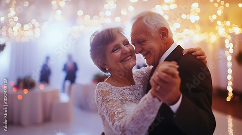 Happy senior retired couple having fun on dancing at restaurant wedding celebration party - Love concept of joyful elderly and retirement lifestyle with man lovely kissing wife photo