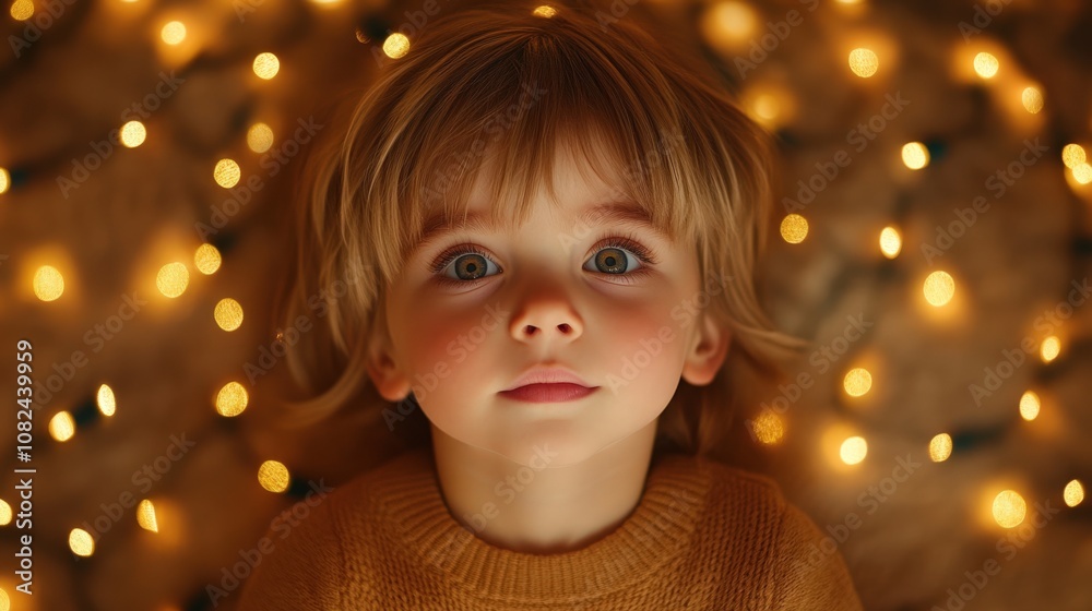 Curious Child Surrounded by Soft Glowing Holiday Lights