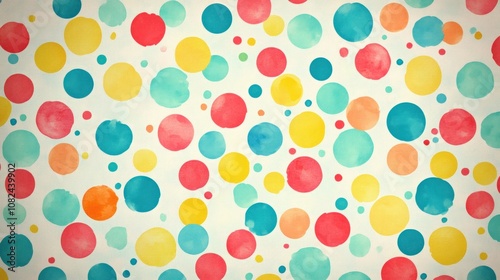 A colorful pattern featuring various sized circles in vibrant hues on a light background.