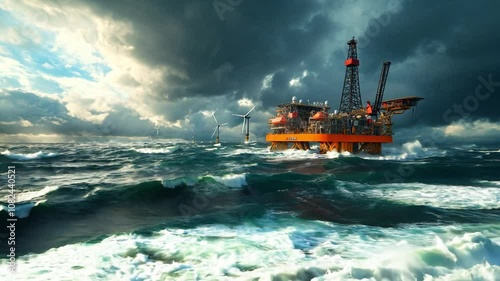 An offshore oil rig amidst turbulent waves and wind turbines under a dramatic sky.