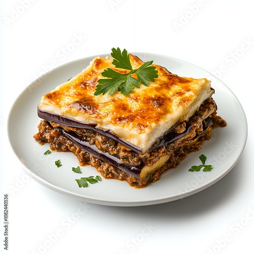 A single serving of moussaka, a Greek dish made with eggplant, ground beef, and a creamy b?chamel sauce. photo