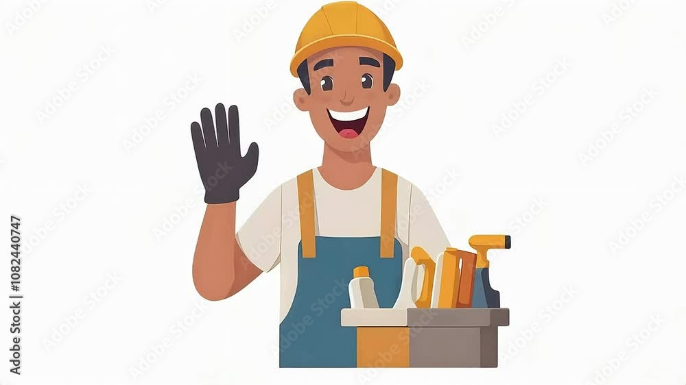 Smiling young Black male worker in safety gear waving with toolbox. Smiling young Black male worker in safety gear waving with toolbox.