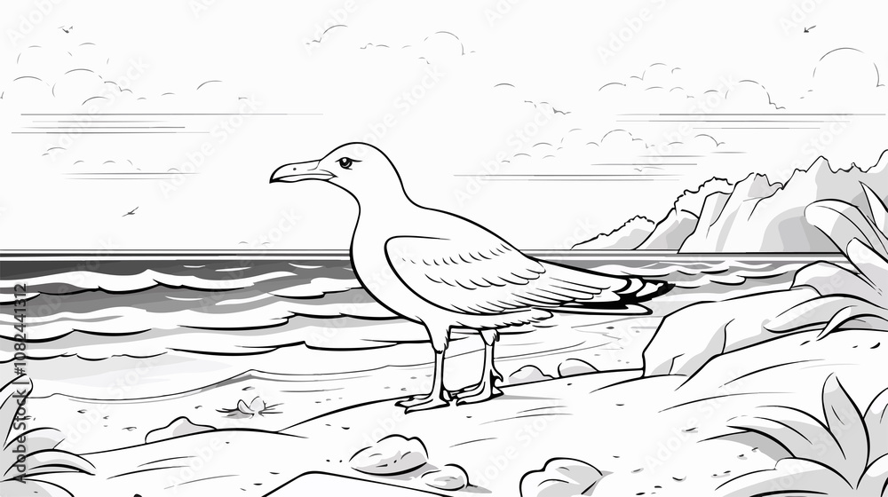 Fototapeta premium Tropical Island Seagull on Sandy Beach: Serene Coastal Scene
