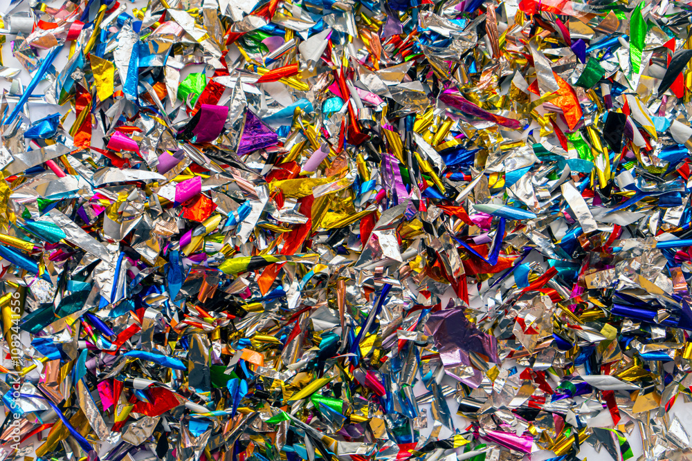 Vibrant and colorful metallic confetti background with various shapes and shiny textures. Vibrant and colorful metallic confetti background with various shapes and shiny textures.
