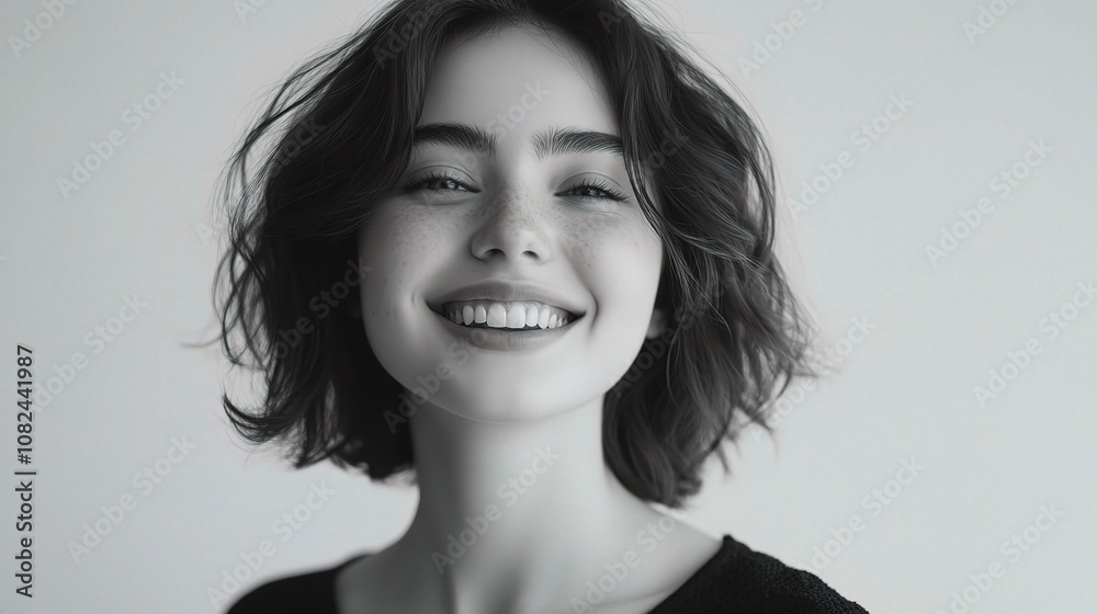 Brightly Smiling Young Woman Posing in a Minimalist Setting with Natural Light, Capturing Joy and Positivity in a Portrait Style for Stock Photography Needs Brightly Smiling Young Woman Posing in a Minimalist Setting with Natural Light, Capturing Joy and Positivity in a Portrait Style for Stock Photography Needs