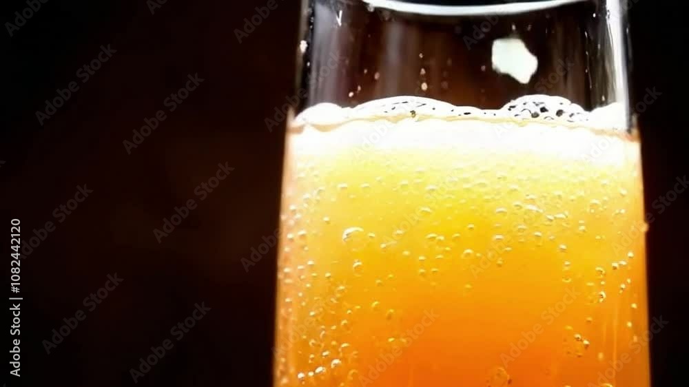 Slow-motion close-up of freshly squeezed orange juice being poured into a champagne flute filled with sparkling wine, the golden liquid mixing and forming bubbles at the surface of the Mimosa.