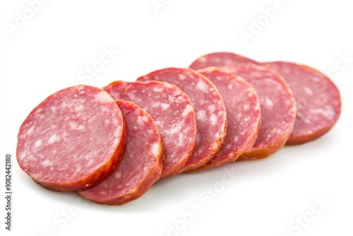 cooked boiled ham sausage or rolled bologna slices isolated on white background cutout - generative ai