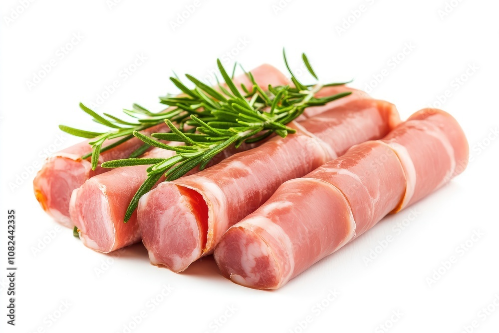 cooked boiled ham sausage or rolled bologna slices isolated on white background cutout - generative ai cooked boiled ham sausage or rolled bologna slices isolated on white background cutout - generative ai