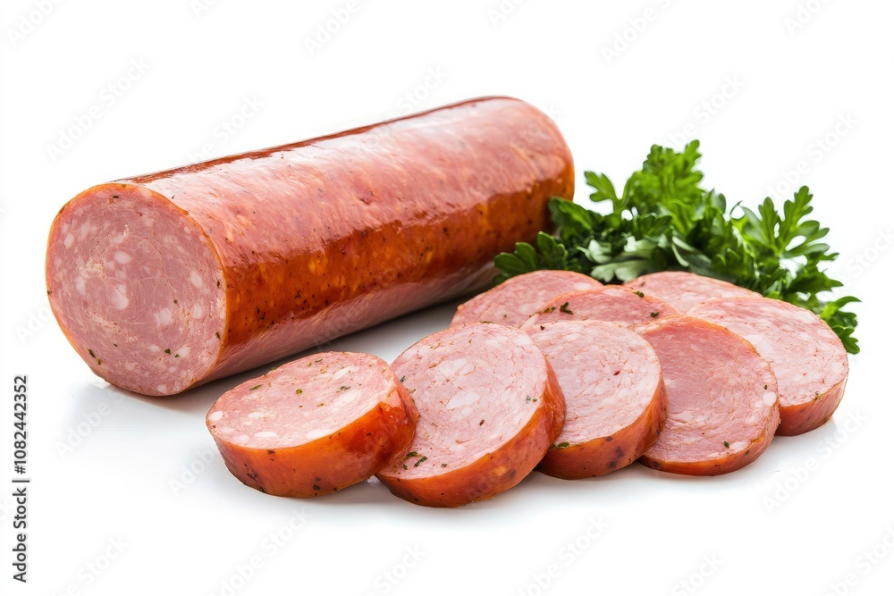 cooked boiled ham sausage or rolled bologna slices isolated on white background cutout - generative ai cooked boiled ham sausage or rolled bologna slices isolated on white background cutout - generative ai