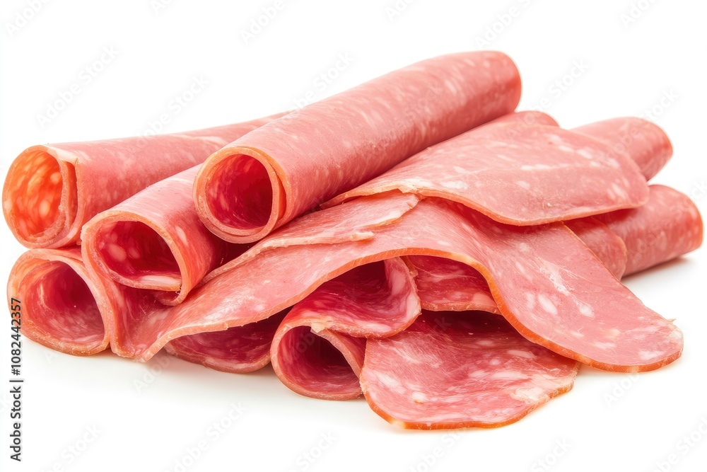 cooked boiled ham sausage or rolled bologna slices isolated on white background cutout - generative ai cooked boiled ham sausage or rolled bologna slices isolated on white background cutout - generative ai