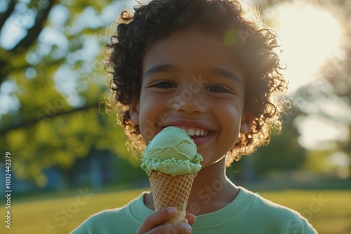 Happy kid with short curly hair holding a pistachio ice cream cone in a park, vibrant colors, late afternoon light, close-up of face and hands 4 photo