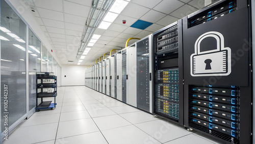 server room with padlock sign - cyber security concept
