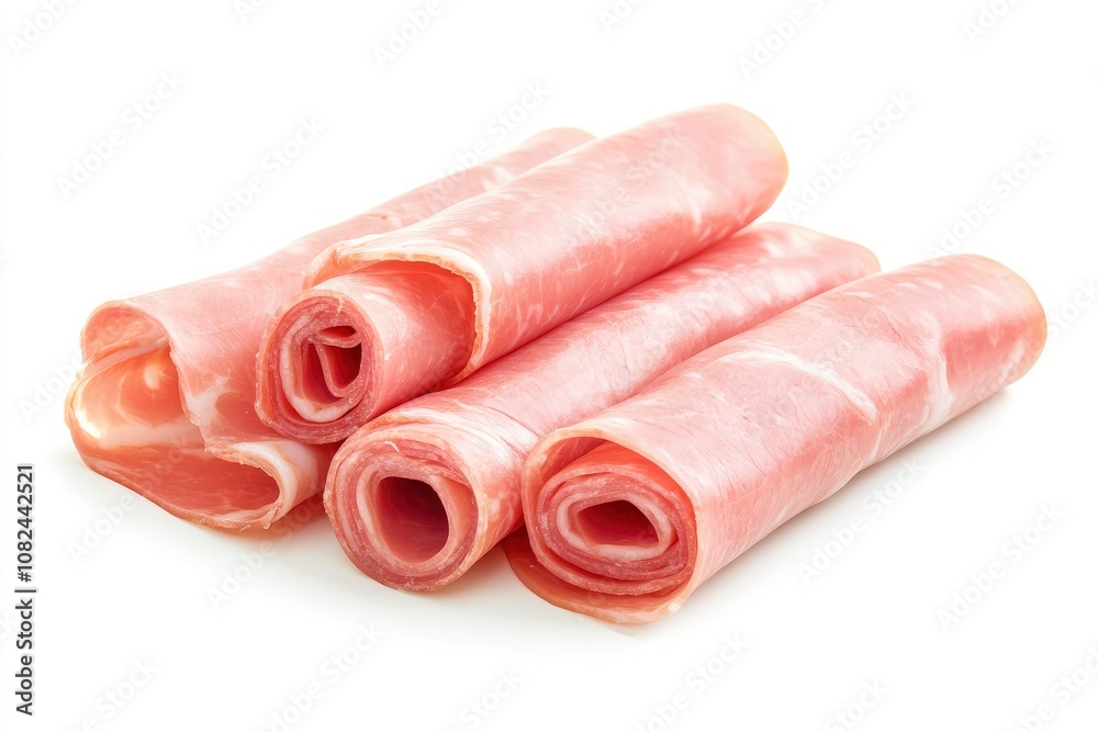 cooked boiled ham sausage or rolled bologna slices isolated on white background cutout - generative ai cooked boiled ham sausage or rolled bologna slices isolated on white background cutout - generative ai