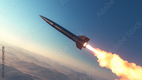 A missile launches from a desert landscape, leaving a trail of fire in the sky