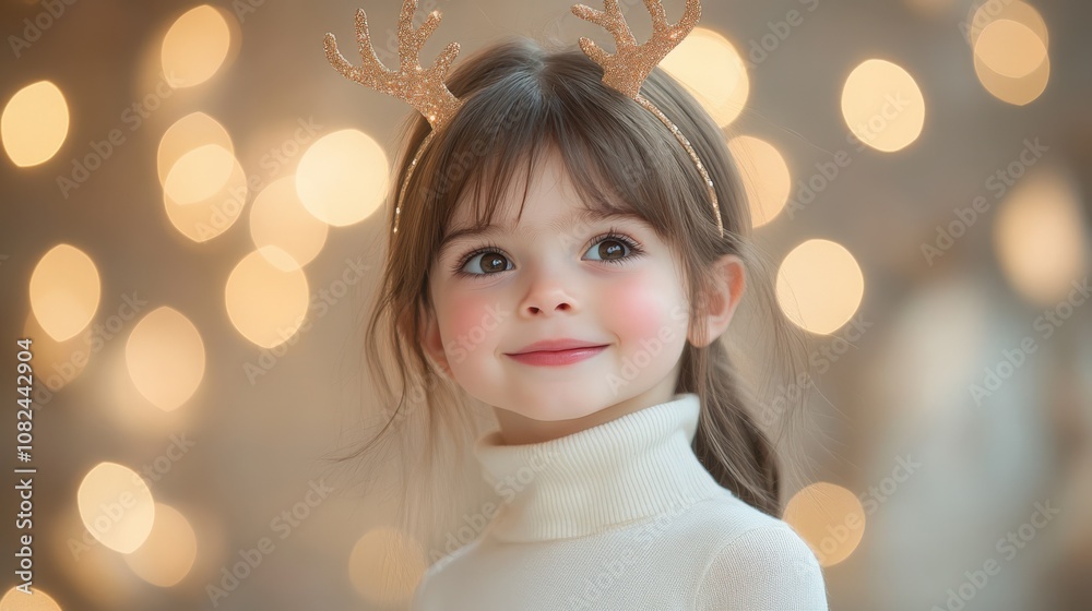 Enchanting Child Portrait with Sparkling Antler Headband and Holiday Bokeh Background Enchanting Child Portrait with Sparkling Antler Headband and Holiday Bokeh Background